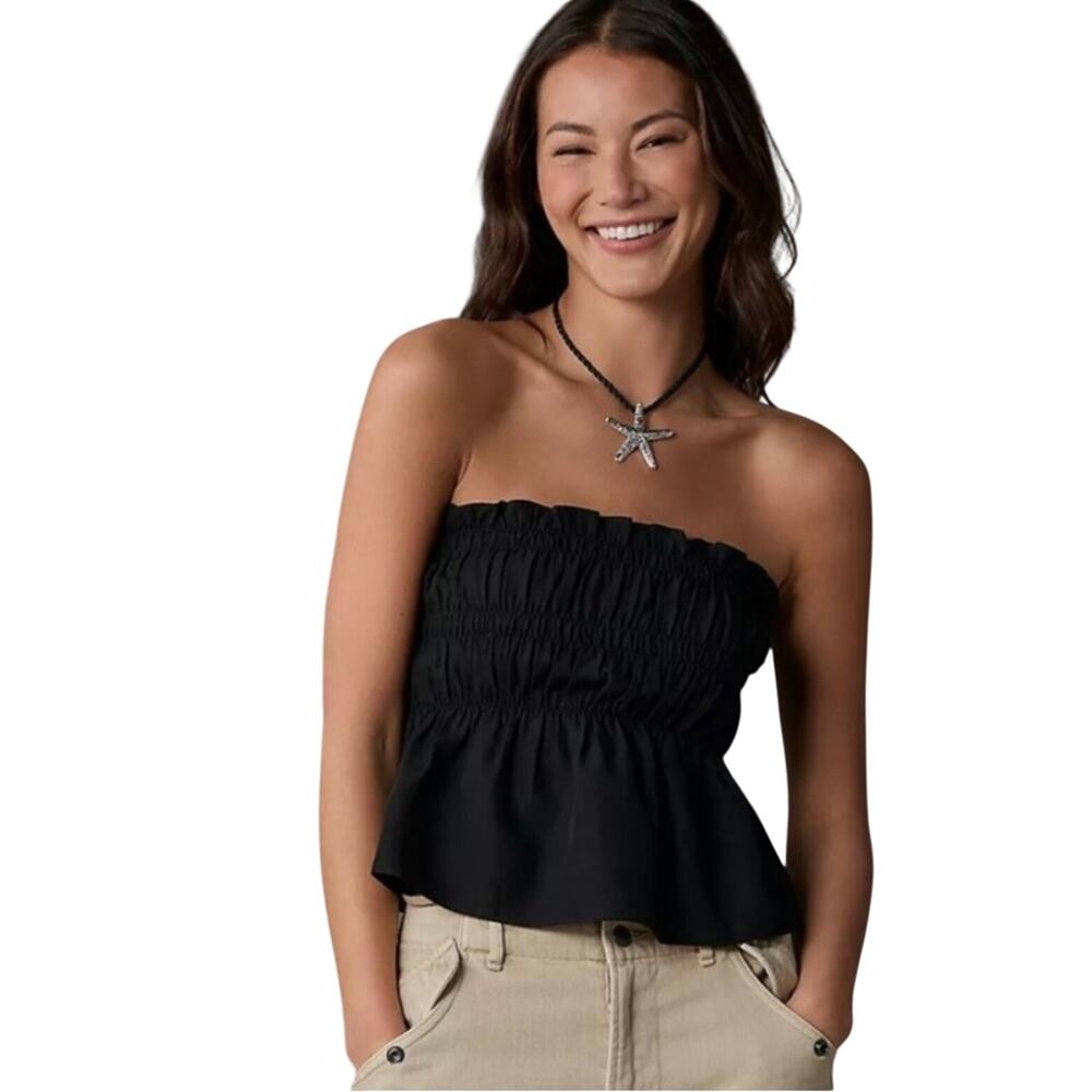 Mare Mare Anthropologie Women's Black Smocked Tube Top Peplum Cropped Size M